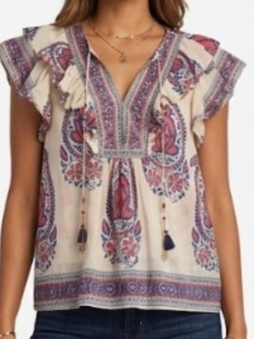 BELL by Alicia Bell Paisley Block Print Ruffle V-Neck Tassel Top Blouse M
